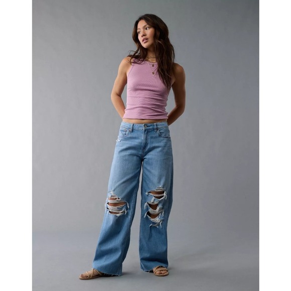 American Eagle Outfitters Denim - American Eagle Womens Dreamy Drape Ripped Low-Rise Baggy Wide-Leg Jean Size 8